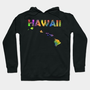 Colorful mandala art map of Hawaii with text in multicolor pattern Hoodie